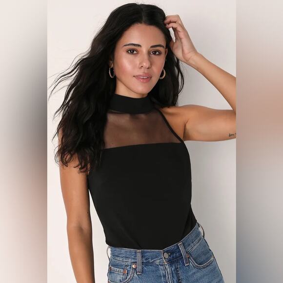 Lulus Tops - Lulus Made to Mesh Black Mock Neck Bodysuit